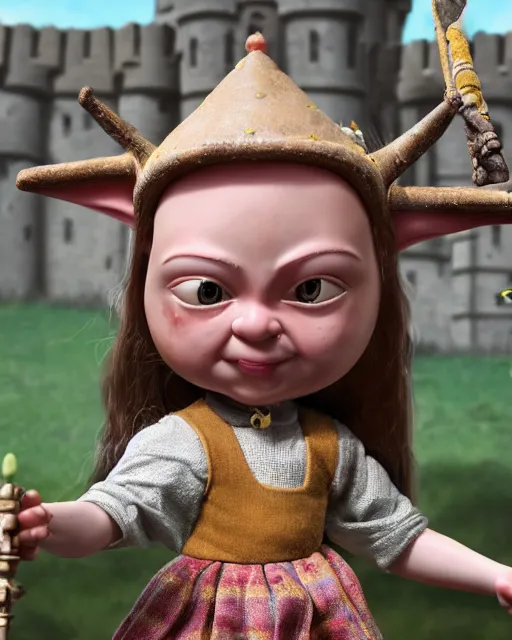 Image similar to highly detailed closeup, face profile portrait of a tin toy greta thunberg as a medieval goblin eating cakes in a castle, bikini, depth of field, nicoletta ceccoli, mark ryden, lostfish, dan decarlo, bob clampett, max fleischer, detailed and intricate environment, 8 k resolution, hyperrealistic, octane render