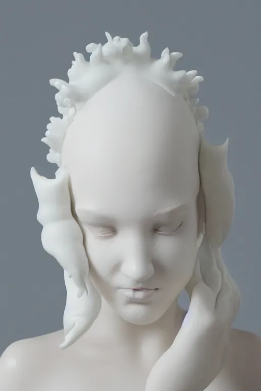 Image similar to full head and shoulders, beautiful female porcelain sculpture mixed with an axolotls, by daniel arsham and raoul marks, smooth, all white features on a white background, delicate facial features, white eyes, white lashes, detailed white 3 d lizards on the head