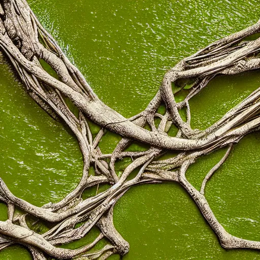 Prompt: Mangrove swamp tangled mangrove roots on a muddy shore, ground texture, flat top-down view. Matte painting, simple cartoon style