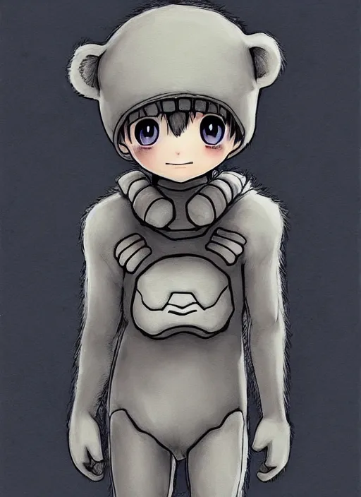 Image similar to beautiful little boy wearing an cyborg bear suit, artwork in kentaro miura and made in abyss and rosdraws, smooth, beautiful lightness, anatomically correct, trending on pixiv