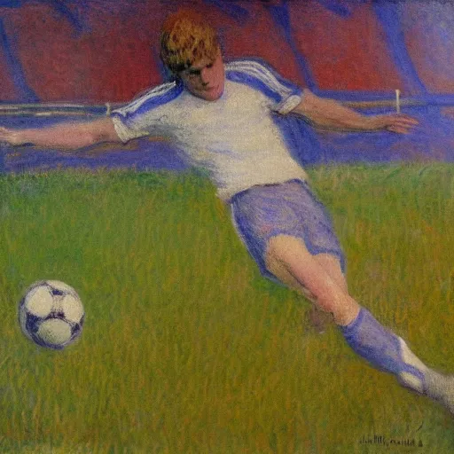 Image similar to monet painting of a skinny blonde man falling over a soccer ball, highly detailed, realistic,