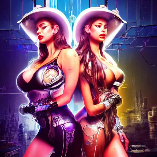 Image similar to sofia vergara and ana de armas double portrait futuristic cyberpunk cowgirls, neon light rooftop, fantasy, intricate and very beautiful and elegant, highly detailed, digital painting, artstation, concept art, smooth and sharp focus, tight fit, leather, illustration, art by tan zi and ayanamikodon and alphonse mucha and wlop