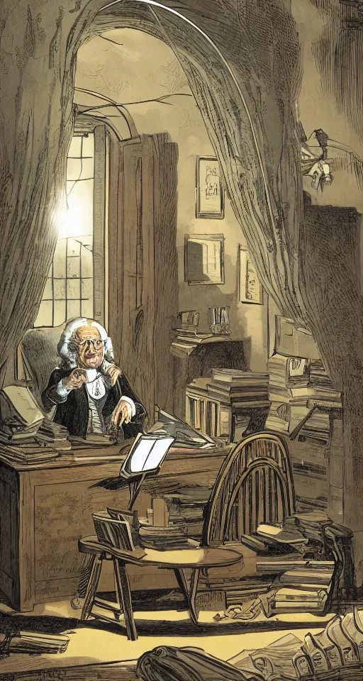 Prompt: illustrated by greg rutowski, a series of illustrated panels, ben franklin sitting at his desk with a magic electricity portal archway in front of him, ben franklin is in his library, cinematic, rich colors, detailed, no words