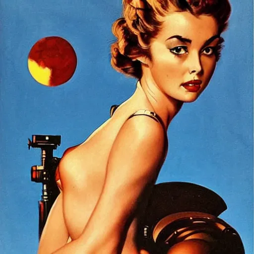 Image similar to the woman from venus starring anna de armas, vintage scifi poster art by john alvin, river mcginnis, norman rockwell, frank frazetta and drew struzan, trending on pinterest, beautiful, lovely