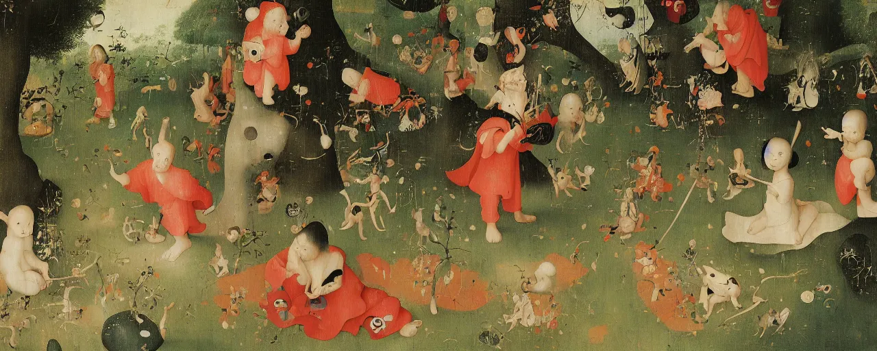 Prompt: Children playing in the Japanese Garden Triptych by Hieronymus Bosch and James Jean, Ross Tran, hypermaximalist, 8k, surreal oil painting, highly detailed, dream like, masterpiece