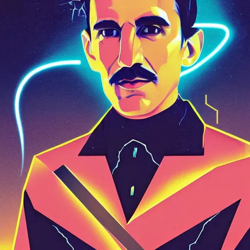 Image similar to majestic futuristic visionary inventor nikola tesla profile picture by sachin teng, masterpiece, organic painting, matte painting, technical geometrical drawing shapes, lightning electricity coil, hard edges, graffiti, street art by sachin teng