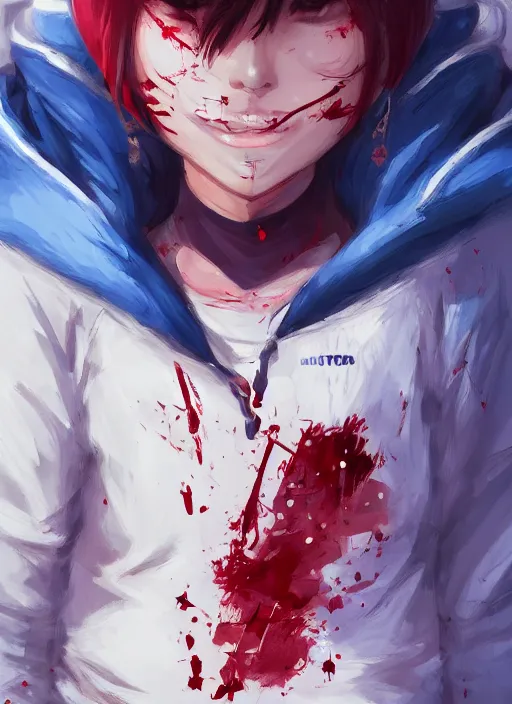 Image similar to a highly detailed illustration of short hair cute japanese girl wearing blood stained blue hoodie with the word nevada on it, dramatic smile pose, intricate, elegant, highly detailed, centered, digital painting, artstation, concept art, smooth, sharp focus, league of legends concept art, WLOP