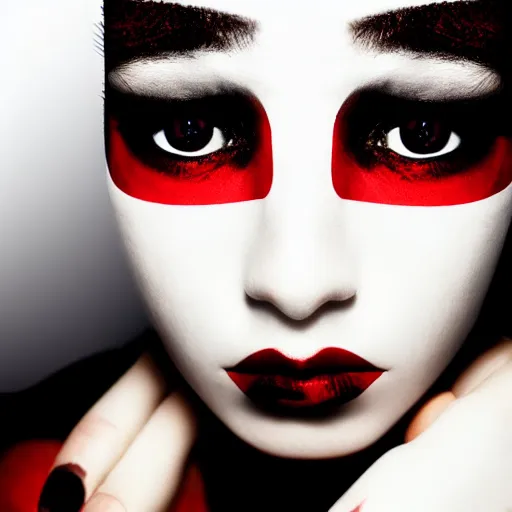 Image similar to Portrait. Completely white ideal oval face. Right eye red, black iris black. Left eye black, red iris. Dark futuristic background.