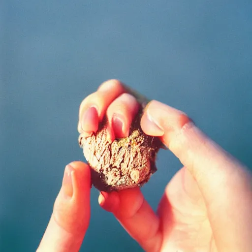 Prompt: girl holding a salchenwursage in the palm of her hand. 3 5 mm, f / 2, cinelux asa 1 0 0