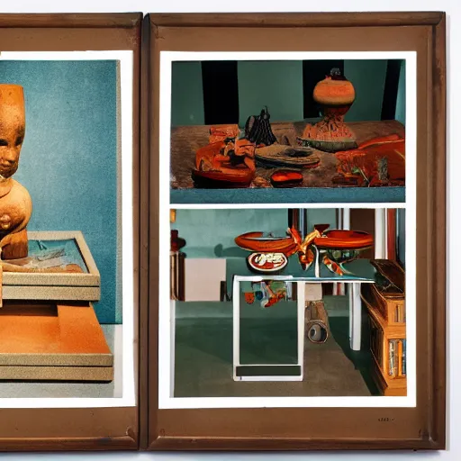 Image similar to A three color offset photography of objects on display, anthropology of wonder, exotic artifacts, bauhaus, colonial expedition, catalog exhibition, 60s style