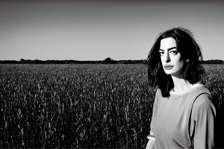 Prompt: anne hathaway detailed clear face alone in a field, a high contrast hyper detailed black and white studio portrait photo, shot in area x from the movie annihilation, by beau brashares, pinhole photography