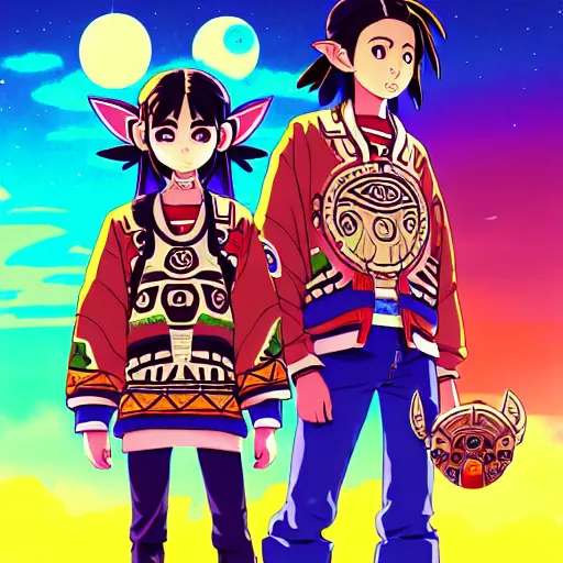 Image similar to majora majora's mask wearing oversized mayan bomber jacket with overalls, bulky poofy bomber jacket with mayan patterns, aztec street fashion, botw art style, gapmoe yandere grimdark, trending on pixiv fanbox, painted by greg rutkowski makoto shinkai takashi takeuchi studio ghibli, akihiko yoshida