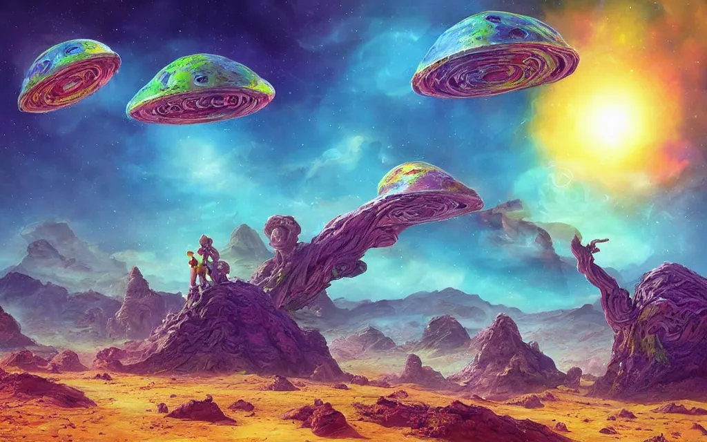 Prompt: “Cute aliens on a beautiful Colorful planet terrain” they are happy and waving to us, matte painting, concept art, digital art, Hyperdetailed, Anne Stokes, H R Giger , 4K,