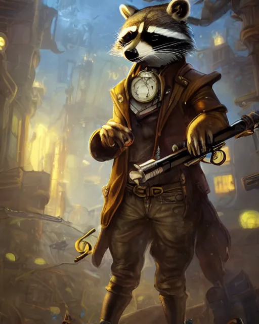 Image similar to Raccoon, Anthropomorphized, holding rocket launcher, Golden Steampunk city atmosphere, magic the gathering artwork, D&D, fantasy, cinematic lighting, centered, symmetrical, highly detailed, digital painting, artstation, concept art, smooth, sharp focus, illustration, volumetric lighting, epic Composition, 8k, art by Akihiko Yoshida and Greg Rutkowski and Craig Mullins, heroic pose, oil painting, cgsociety,