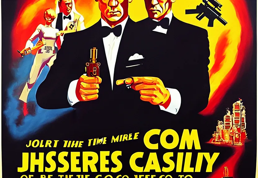 Image similar to poster for the film, james bond and the military go to steal at the casino, art for the film in color, art in 4 k