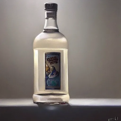 Prompt: a hyper-realistic studio still-life oil-painting of a-bottle-of-vodka; hyper-detailed; an extraordinary masterpiece!!!; flawless; trending on artstation