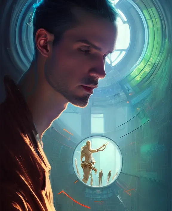 Image similar to a whirlwind inside the metaverse, guy, male, man, hologram, half body, neurochip, android, cyborg, cyberpunk face, by loish, d & d, fantasy, intricate, elegant, highly detailed, colorful, digital painting, artstation, concept art, art by artgerm and greg rutkowski and alphonse mucha