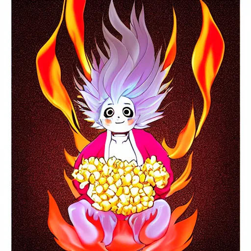 Image similar to fluffy strange popcorn elemental spirit manga character with a smiling face and flames for hair, sitting on a lotus flower, clean composition, symmetrical