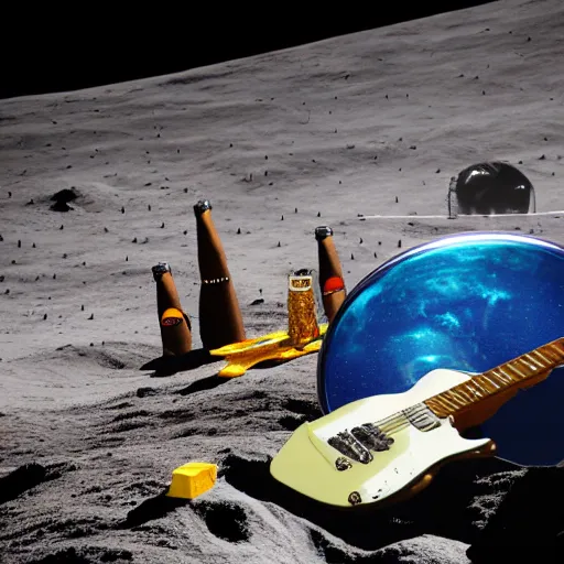 Image similar to a photo of a detailed, realistic, regular sized, sitting idle electric guitar next to an idle beer can next to an astronaut sitting on the moon surface. detailed photo. realistic photo