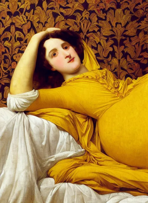 Image similar to masterpiece portrait of lady reclining on bed wearing yellow ochre ornate medieval dress, vertical, foreshortening, colour photography by frederic leighton, william morris, 8 k