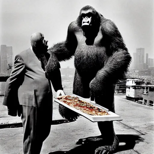 Prompt: alfred hitchcock and king kong eating pizza