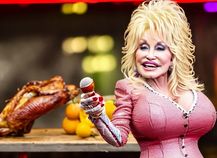 Prompt: photo still of dolly parton at the county fair!!!!!!!! at age 3 6 years old 3 6 years of age!!!!!!!! eating a turkey leg, 8 k, 8 5 mm f 1. 8, studio lighting, rim light, right side key light