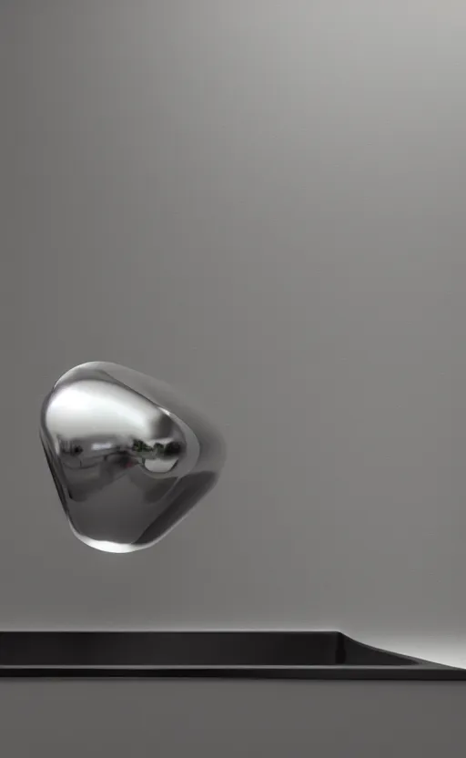 Image similar to tiny chrome blob hovering above kitchen counter, photorealistic render unreal macro closeup wonderful