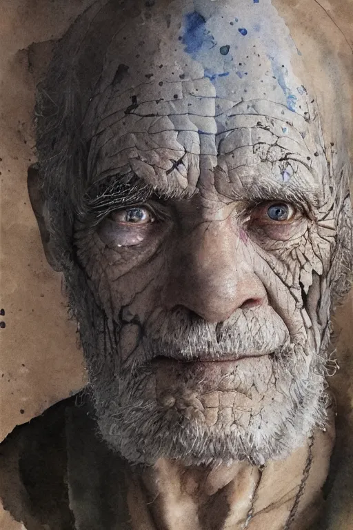 Image similar to portrait of a very old man with aquarelle painted skin. close up, very dark bluish hair, light eyes, intricate dark flowers pattern everywhere, high detail, by Eddie Mendoza