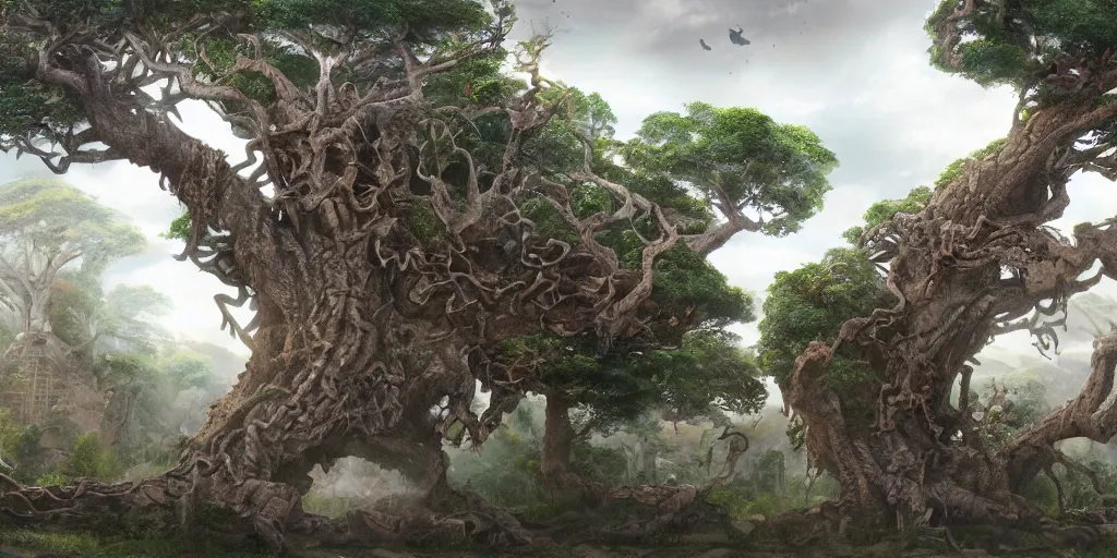 Prompt: a highly detailed matte painting of the man - eating tree of madagascar, concept art, trending on artstation