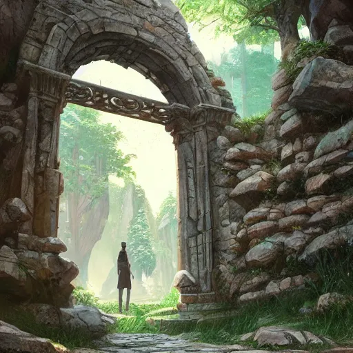 Image similar to concept art painting of an ornate ancient stone archway, in the woods, realistic, detailed, cel shaded, in the style of makoto shinkai and greg rutkowski and james gurney