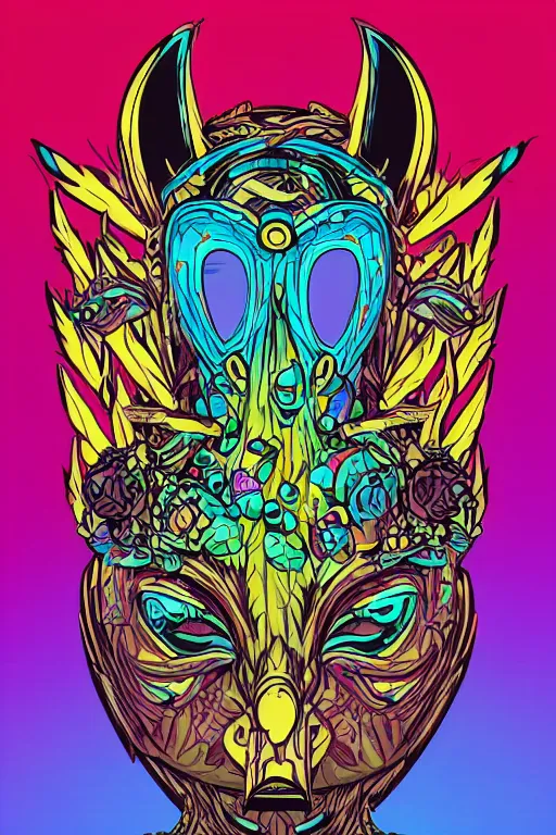 Image similar to animal mask totem roots flower tribal feather gemstone plant wood rock shaman vodoo video game vector cutout illustration vivid multicolor borderlands comics by josan gonzales and dan mumford radiating a glowing aura