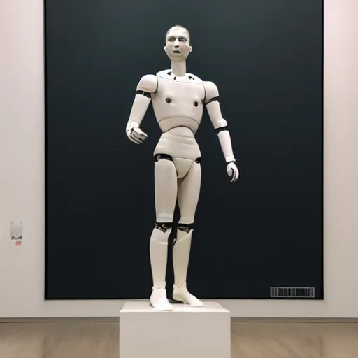 Image similar to “a realistic detailed photo of a guy who is an attractive humanoid who is half robot and half humanoid, who is a male android, Cristiano Ronaldo, shiny skin, posing like a statue, blank stare, at the museum, on display”