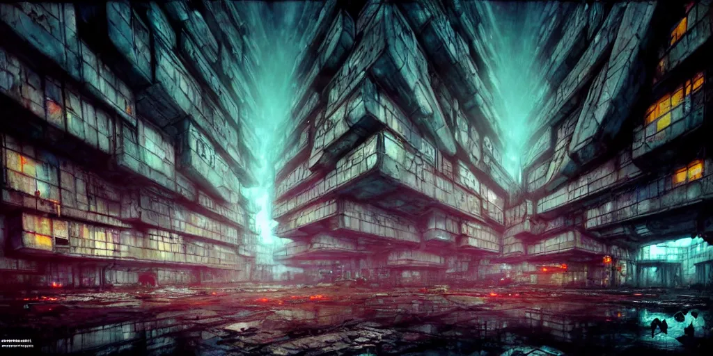 Prompt: concept art, octane render, a brooding, decrepit dystopian city, reflections, volumetric neon lighting, dramatic, white neon glow, 8 k, ultra - hd, insanely detailed and intricate, hypermaximalist, brutalist habitat 6 7, elegant, ornate, by gerald brom, by syd mead, akihiko yoshida, doug chiang, cinematic