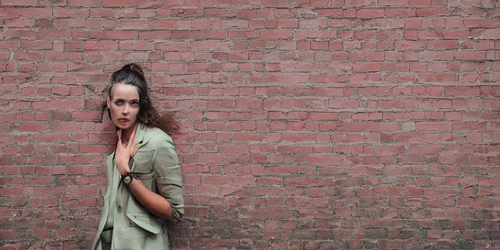 Prompt: portrait of woman on brick wall graffiti, Denning, Guy