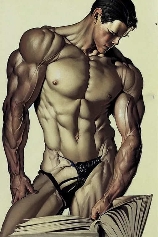 Image similar to attractive man reading book, muscular, painting by j. c. leyendecker, yoji shinkawa, katayama bokuyo