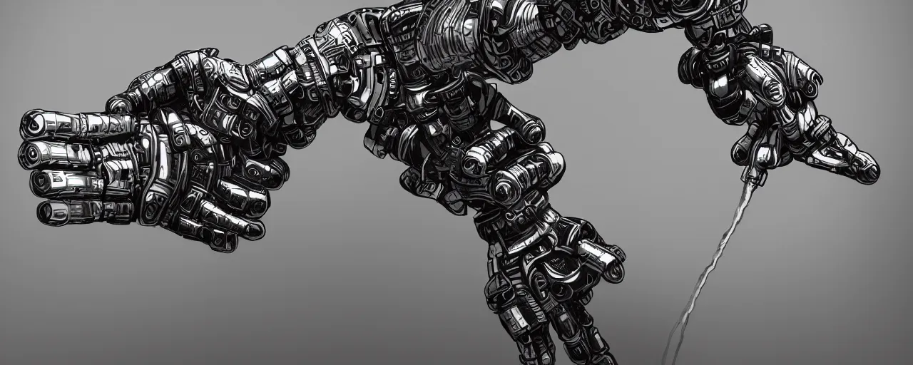 Prompt: a closeup of a robot hand holding a fountain pen, intricate, cinematic lighting, highly detailed, digital painting, artstation, concept art, smooth, sharp focus, illustration