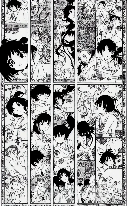Image similar to a page of multi-panel manga by Naoko Takeuchi and Hayao Miyazaki, black and white manga comic, japanese text kanji, shoujo manga