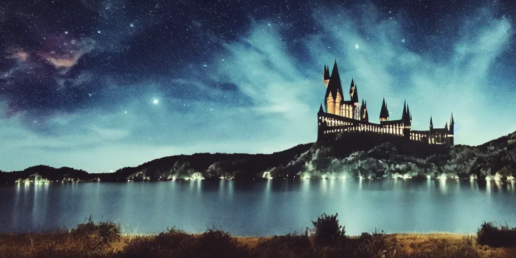 Prompt: Film still. Screenshot. Hogwarts night landscape. night lights. stars in the sky. cold blue hues. muted colors. high clouds. lake. magic. beautiful. perfect. 35mm lens. extremely detailed. 4K.