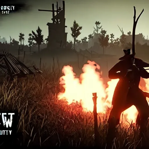 Image similar to hunt showdown western weapons burning city cinematic highly detailled