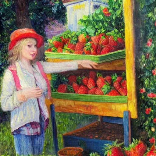 Image similar to Cute Blonde Girl 21 years old with locks sells Strawberries in a fruit stand, oil on canvas, Impressionism