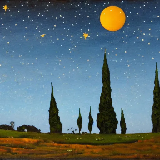 Prompt: The oil-on-canvas painting is dominated by a night sky roiling with chromatic blue swirls, a glowing yellow crescent moon, and stars rendered as radiating orbs. One or two cypress trees, often described as flame-like, tower over the foreground to the left, their dark branches curling and swaying to the movement of the sky that they partly obscure. Amid all this animation, a structured village sits in the distance on the lower right of the canvas. Straight controlled lines make up the small cottages and the slender steeple of a church, which rises as a beacon against rolling blue hills. The glowing yellow squares of the houses suggest the welcoming lights of peaceful homes, creating a calm corner amid the painting’s turbulence.