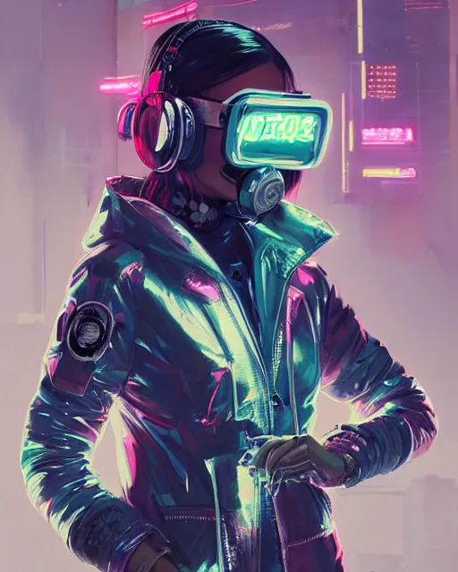 Prompt: neon operator margot robbie, cyberpunk futuristic neon, respirator, reflective puffy coat, decorated with traditional japanese ornaments by ismail inceoglu dragan bibin hans thoma greg rutkowski alexandros pyromallis nekro rene maritte illustrated, perfect face, fine details, realistic shaded, fine - face, pretty face