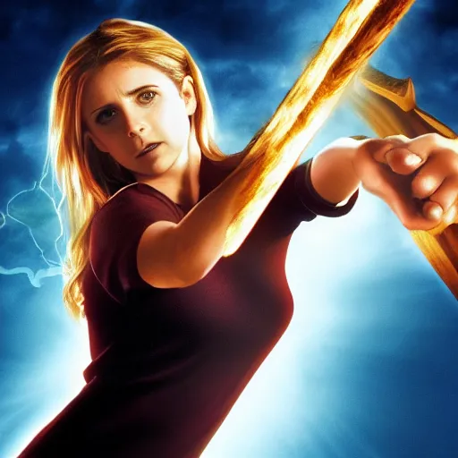 Prompt: a detailed picture of Buffy the Vampire slayer fighting God, 4k