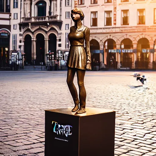 Image similar to a bronze sculpture of taylor swift in the middle of the town square with a pigeon standing on top of it, golden hour, street photography