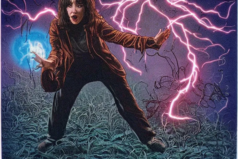 Prompt: Kate Bush fighting Vecna in Stranger Things, by Drew Struzan, 4K