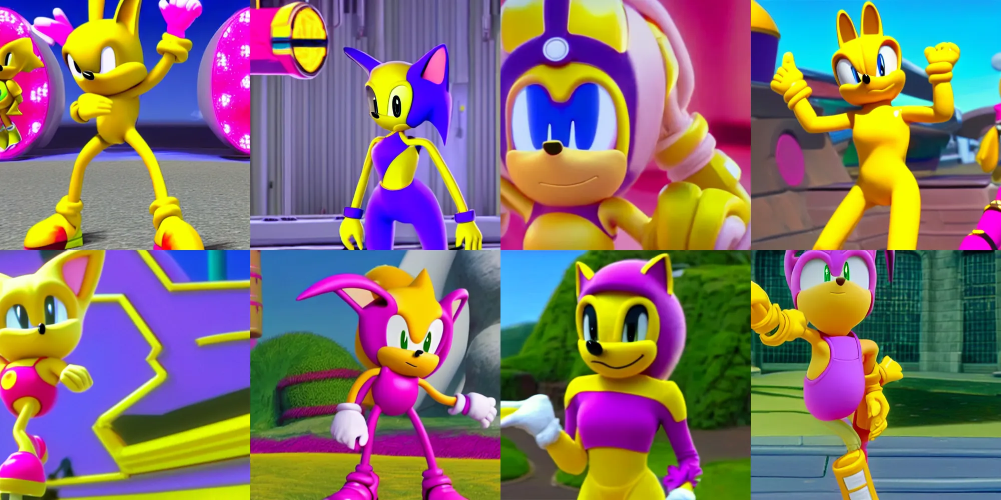 Prompt: a yellow humanoid cyborg bunny wearing a pink leotard in sonic the hedgehog ( 2 0 1 8 )