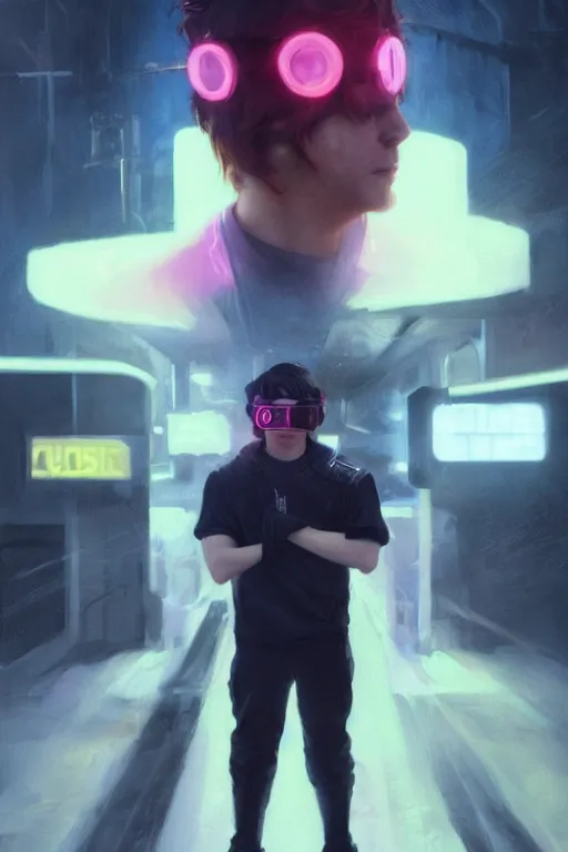Prompt: Rupert Grint as Ron Wisly with visor in cyberpunk, neon lighting, night city, digital art from artstation by Ruan Jia and Mandy Jurgens and Artgerm and william-adolphe bouguereau and Greg Rutkowski
