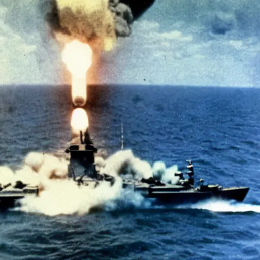 Image similar to first person view from the deck of a batteship firing a broadside, kamikaze planes diving, world war ii, high resolution colour photo