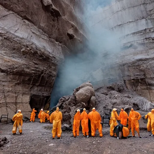 Image similar to wide - shot photo of a group of scientists in hazmat suits, studying a hell open rift portal, by shaun tan, codachrome, hellish, unsettling, otherworldly, smoke, machines, floating rocks, megalophobia, 8 k, hd, highly detailed,