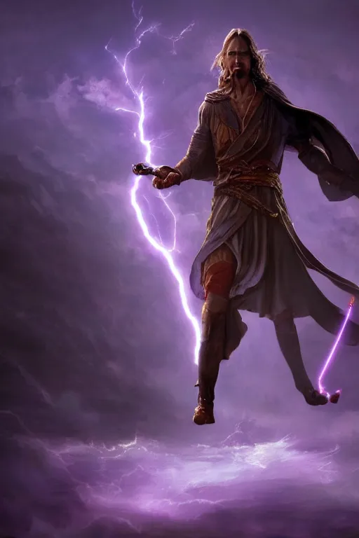 Image similar to fantasy, hyper realistic mystical wizard holding a sword that’s pointed towards the sky, sword is getting shocked by purple lightning, wizard is levitating over a lake, reflection, octane, trending on artstation, highly detailed, by Frank frazetta, 8k